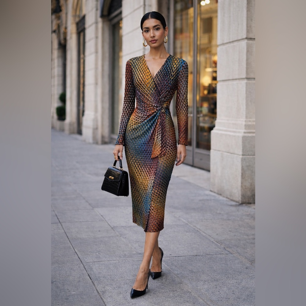 Escada Multicolor Abstract Print Faux Wrap Midi Dress Size 4